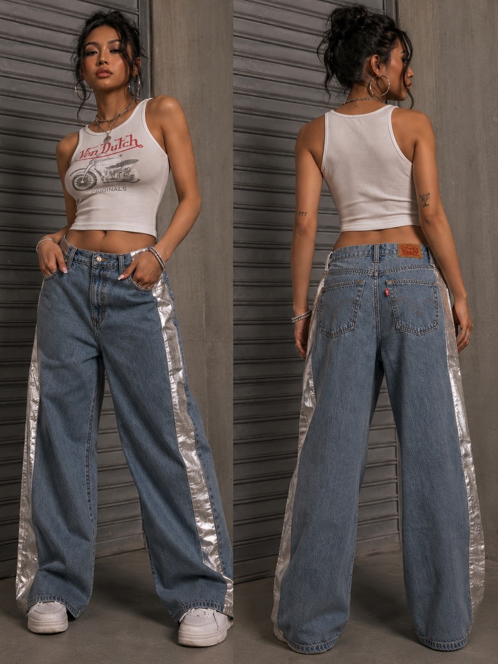Levi's Y2K Cyber Streetwear Baggy Light Blue Denim Jeans Metallic Trim 30x31